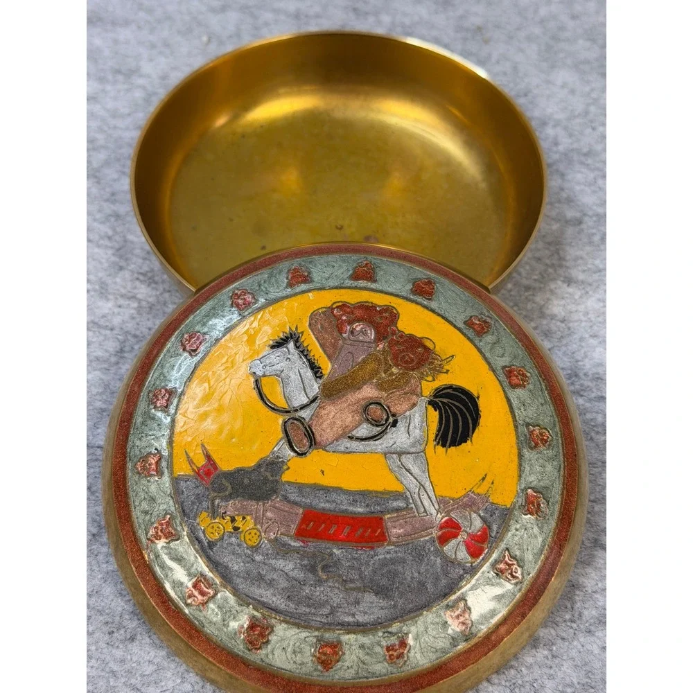 Vintage Solid Brass Trinket Box India Enameled Rocking Horse Jewelry Dish 4 Inch